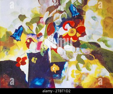 Pittura ad olio di Volker von Mallinckrodt in stile cubista, ca. 1984 con vaso di fiori e fiori Foto Stock