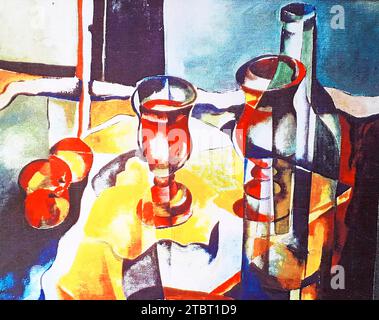 Pittura ad olio di Volker von Mallinckrodt in stile cubista, cubismo, bottiglia di vino, due bicchieri da vino e mele - Volker von Mallinckrodt ha studiato arte con Xaver Fuhr a Monaco. Foto Stock