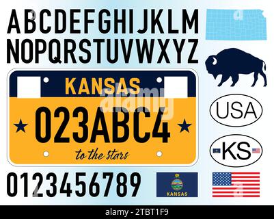 Modello di targa per auto dello stato del Kansas nuovo stile anno 2024, lettere, numeri e simboli, illustrazione vettoriale, USA Illustrazione Vettoriale