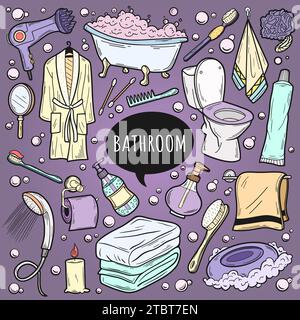 Set di icone colorate disegnate a mano per il bagno. Collezione di simboli per bagno domestico con illustrazione vettoriale. Toilette con disegno Doodle, doccia, vasca da bagno, toilette, asciugamano, accappatoio Illustrazione Vettoriale