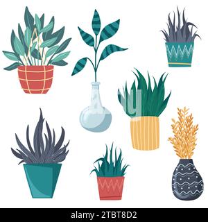 raccolta di piante in vaso. piante grasse e piante domestiche. arte vettoriale disegnata a mano. Giardino domestico, piante in crescita, giardinaggio felice. Illustrazione Vettoriale