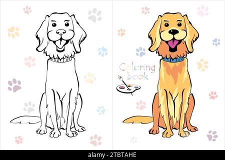 Pagina Vector Coloring Book di Funny Dog Golden Retriever Breed sitting Illustrazione Vettoriale