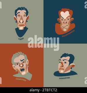 Volti disegnati a mano con diversi set di vettori di emozioni. Illustrazione piatta e colorata modificabile. Illustrazione Vettoriale