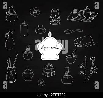 Doodles ayurvedici. Trattamento indù tradizionale. Massaggio indiano, cura del corpo, assistenza sanitaria, set di articoli ayurvedici. Sacchetti di erbe trafilate, olio aromatico, candela, a Illustrazione Vettoriale