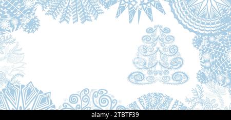 Cartolina con una foto di un albero di Natale e vari fiocchi di neve su sfondo bianco Illustrazione Vettoriale