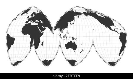 Mappa vettoriale del mondo. La proiezione eumorfica interrotta di Bogg. Mappa geografica del mondo pianeggiante con linee di latitudine e longitudine. Centrato a 120° W longit Illustrazione Vettoriale