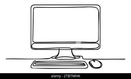 Disegno continuo a una linea del monitor del computer con minimalismo del mouse. Illustrazione Vettoriale