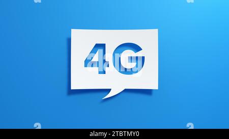 Bolla vocale 4G Mobile Internet Network. Design minimalista astratto con carta bianca su sfondo blu. Rappresentazione 3D. Foto Stock