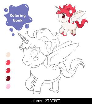 Libro da colorare per bambini. Simpatico unicorno con le ali. Illustrazione Vettoriale