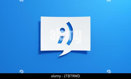 Wink Smile Speech Bubble. Design minimalista astratto con carta bianca su sfondo blu. Rappresentazione 3D. Foto Stock