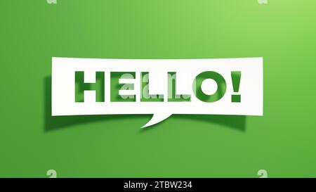 Ciao, Speech Bubble. White Cut Out Paper su Green background. Concetto minimo. Rappresentazione 3D. Foto Stock