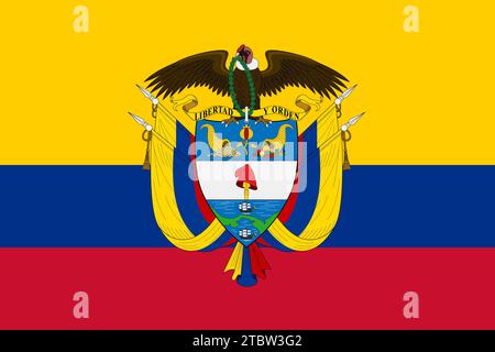 La bandiera e lo stemma ufficiali della Repubblica di Colombia. Bandiera di Stato della Colombia. Illustrazione. Foto Stock