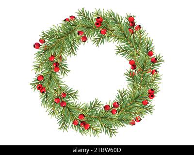 Corona natalizia di rami di abete verde e bacche rosse. Elemento decorativo per il nuovo anno in abete rosso. Illustrazione natalizia ad acquerello per decorazione. Design naturale Foto Stock