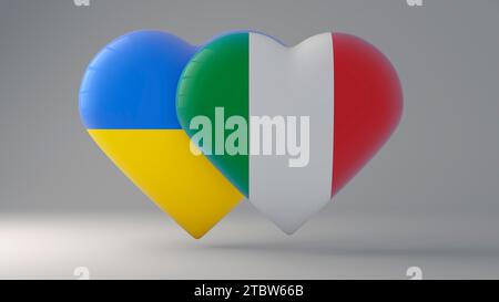 Breastplate a forma di cuore che raffigura le bandiere di Stato dell'Ucraina e dell'Italia come simbolo di orgoglio, sostegno e patriottismo. Foto Stock