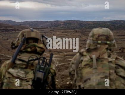 Soldati dell'esercito degli Stati Uniti assegnati al 2nd Squadron, 2nd Cavalry Regiment, V Corps, 2nd Lt. Nathan Pyle, Left, e SPC. Temitope Babalola forniscono fuoco di copertura aerea per i soldati in avanzata presso Krivolak Training area, Repubblica di Macedonia del Nord, 7 dicembre 2023. Brave Partner è un'esercitazione di pianificazione rapida (SNAP) dell'esercito degli Stati Uniti in Europa e Africa, pianificata, diretta e guidata, che include l'addestramento dal vivo ed è progettata per dimostrare la portata operativa dell'USAREUR-AF, convalidare gli investimenti statunitensi nella Repubblica di Macedonia del Nord e aumentare la prontezza. (Foto dell'esercito degli Stati Uniti di SPC. Devin Klecan) Foto Stock