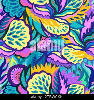 Motivo psichedelico brillante e senza cuciture con vivaci elementi colorati astratti. Illustrazione Vettoriale