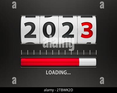 Componente di progettazione di un contatore che mostra il caricamento del nuovo anno 2023, rendering tridimensionale, illustrazione 3D. Foto Stock