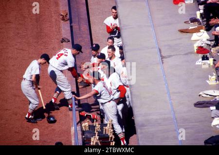 LOS ANGELES, CA - APRILE 28: Ken Boyer #14 of the St. Louis Cardinals si congratula con i suoi compagni di squadra nel dugout dopo aver colpito uno dei suoi due fuoricampo durante una partita della MLB contro i Los Angeles Dodgers il 28 aprile 1963 al Dodger Stadium di Los Angeles, California. (Foto di Hy Peskin) *** didascalia locale *** Ken Boyer Foto Stock