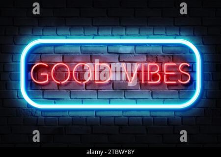 Illustrazione del cartello al neon Good Vibes su sfondo scuro Foto Stock