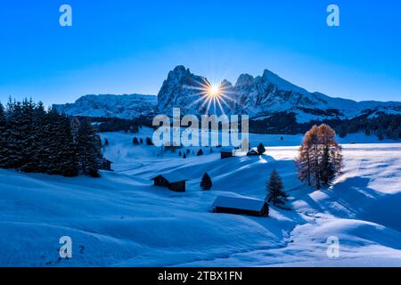 Campagna agricola collinare con capanne e alberi in legno presso l'Alpe di Siusi, coperta di neve fresca in autunno all'alba. Foto Stock