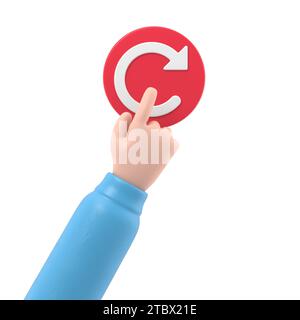 Concetto di riavvio. Riavvio della tecnologia. Mano per premere il grande pulsante rosso. Illustrazione 3d disegno piatto.rendering 3D su sfondo bianco. Foto Stock