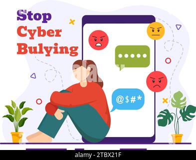 Stop al cyberbullismo illustrazione vettoriale di Haters Online con Internet bullying, trolling e incitamento all'odio in Flat Cartoon background Design Illustrazione Vettoriale