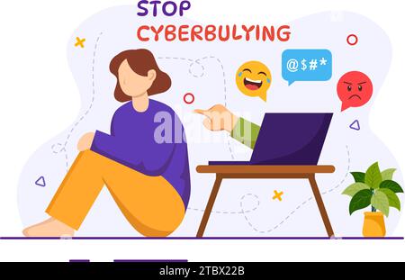 Stop al cyberbullismo illustrazione vettoriale di Haters Online con Internet bullying, trolling e incitamento all'odio in Flat Cartoon background Design Illustrazione Vettoriale