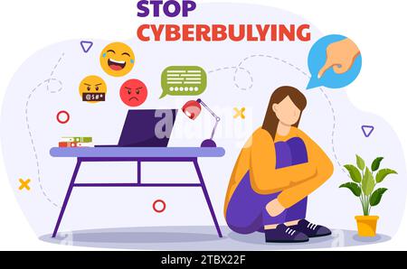 Stop al cyberbullismo illustrazione vettoriale di Haters Online con Internet bullying, trolling e incitamento all'odio in Flat Cartoon background Design Illustrazione Vettoriale