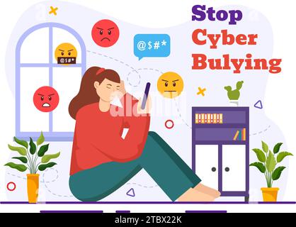 Stop al cyberbullismo illustrazione vettoriale di Haters Online con Internet bullying, trolling e incitamento all'odio in Flat Cartoon background Design Illustrazione Vettoriale