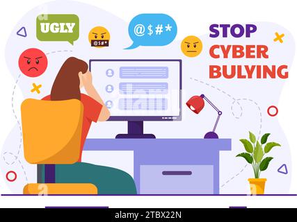 Stop al cyberbullismo illustrazione vettoriale di Haters Online con Internet bullying, trolling e incitamento all'odio in Flat Cartoon background Design Illustrazione Vettoriale