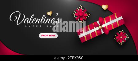 Banner di San Valentino con cuori 3d e confezione regalo su sfondo nero e rosso tagliato in carta Illustrazione Vettoriale