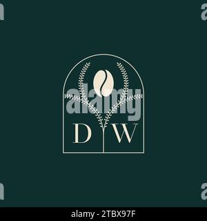 Design esclusivo e semplice con logo DW, combinazione di lettere e chicchi di caffè Illustrazione Vettoriale