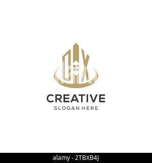 Logo DX iniziale con icona creativa della casa, grafica vettoriale di design moderno e professionale del logo immobiliare Illustrazione Vettoriale