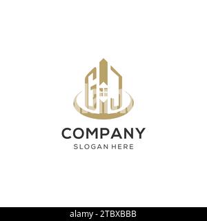 Logo GJ iniziale con icona creativa della casa, grafica vettoriale di design moderno e professionale del logo immobiliare Illustrazione Vettoriale