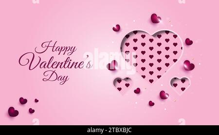 Striscione buon San Valentino con cuore in stile tagliato di carta su sfondo rosa carino. Buono regalo natalizio. Sfondo romantico con oggetti decorativi 3d. Illustrazione Vettoriale