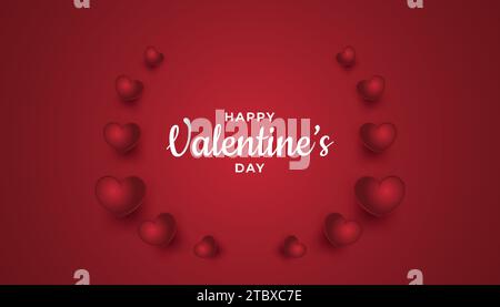 Banner di auguri di San Valentino con cuori 3d su sfondo rosso. Buono regalo natalizio. Sfondo romantico con oggetti decorativi 3d. Illustrazione Vettoriale