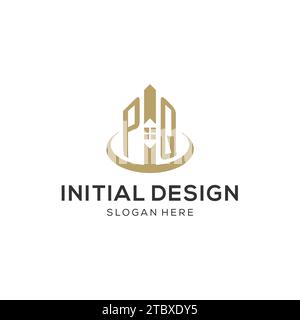 Logo PQ iniziale con icona creativa della casa, grafica vettoriale di design moderno e professionale del logo immobiliare Illustrazione Vettoriale