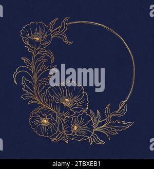 Pianta floreale di papavero in art nouveau 1920-1930. Disegnato a mano con trame di linee, foglie e fiori. Illustrazione Vettoriale