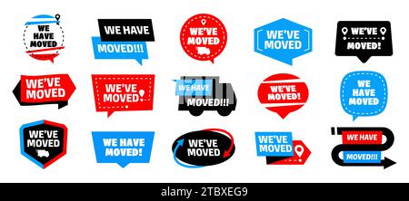 Abbiamo spostato i segnali. Messaggio di trasferimento con puntatore, etichetta di trasferimento con timbro, etichetta piatta per appartamento, informazioni sul percorso in movimento. Insieme isolato dal vettore. Modifica dell'indirizzo del negozio o dell'azienda Illustrazione Vettoriale