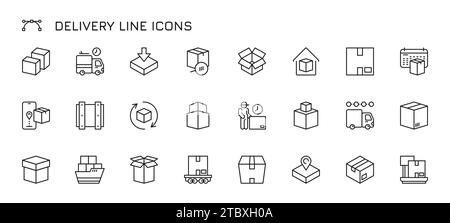Icone della linea di consegna. Delineare i simboli relativi alla consegna delle spedizioni per il trasporto merci, la spedizione tramite corriere, il concetto di magazzino logistico. Insieme vettoriale di delive Illustrazione Vettoriale
