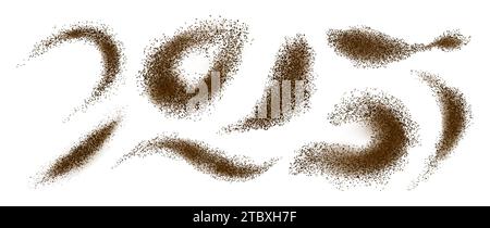 Macchie di caffè. Chicchi di cacao in polvere nera, chicchi di cioccolato cacao zuccherati, effetto esplosivo spruzzi di caffè. Insieme isolato dal vettore. Flusso di aroma, realistico sp Illustrazione Vettoriale