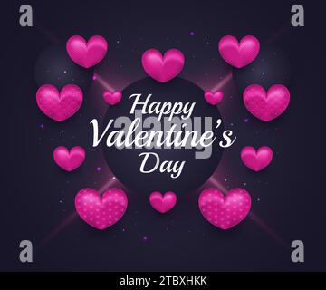 Striscione di auguri di San Valentino con cuori 3d viola e luce brillante su sfondo scuro. Buono regalo natalizio Illustrazione Vettoriale