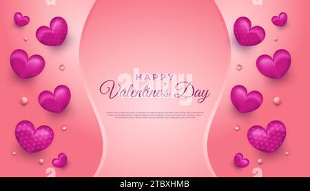 Banner buon San Valentino con cuori e palle 3d su sfondo rosa. Buono regalo natalizio Illustrazione Vettoriale