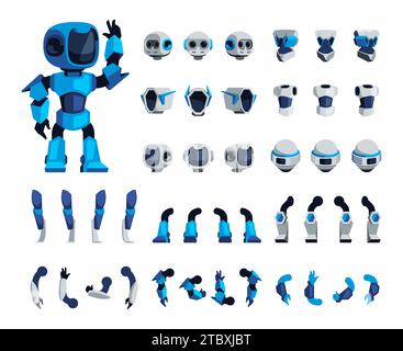 Kit di animazione robot Cartoon. Posa del robot Cibernetica per la sequenza del telaio, parti di macchine elettriche e costruttori, pose e gesti del robot. Isol vettoriale Illustrazione Vettoriale