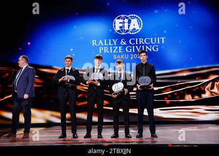 REID Robert, Vicepresidente FIA per lo sport, ritratto con SHARP Louis, Campionato di Formula 4 certificato da FIA - F4 UK, ISCHER Ethan, Campionato di Formula 4 certificato da FIA - F4 CEZ e GILTAIRE Evan, campionato di Formula 4 certificato dalla FIA - F4 Francia durante la cerimonia di premiazione FIA Rally & Circuit 2023 a Baky il 9 dicembre 2023 al Baku Convention Center di Baku, Azerbaigian - foto Frédéric le Floc'h/DPPI Credit: DPPI Media/Alamy Live News Foto Stock