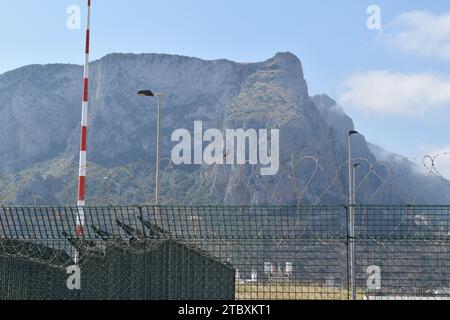 Un piccolo passero seduto su una recinzione di filo spinato che racchiude il lato aereo dell'aeroporto Falcone e Borsellino di Palermo Foto Stock