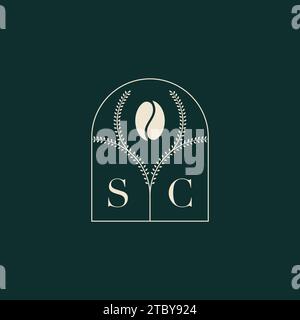SC, esclusivo e semplice design con logo, combinazione di lettere e chicchi di caffè Illustrazione Vettoriale