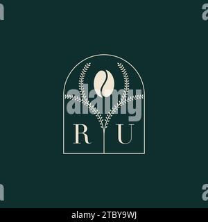 Design esclusivo e semplice del logo RU combinazione di lettere e chicchi di caffè Illustrazione Vettoriale