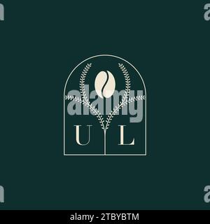 Design esclusivo e semplice con logo UL, combinazione di lettere e chicchi di caffè Illustrazione Vettoriale