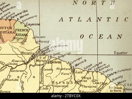 Una mappa politica d'epoca/antica in seppia che mostra la costa settentrionale del Brasile. Foto Stock